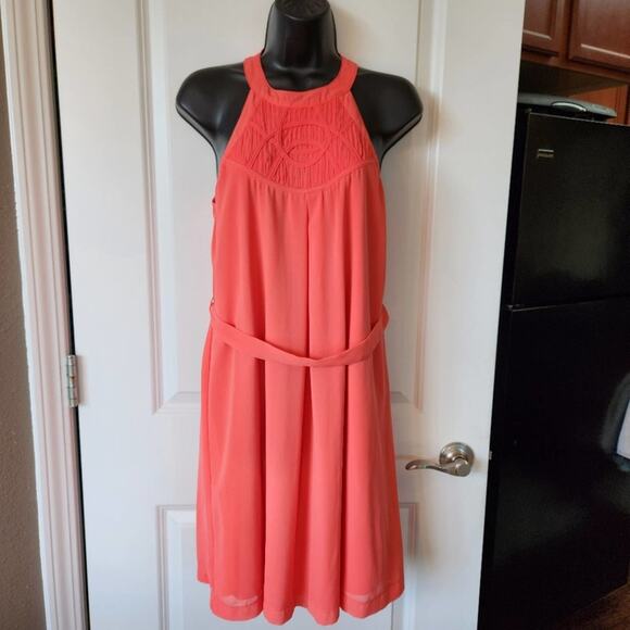YA LOS ANGELES Coral Orange Silk Blend High-Neck Lined Mini Dress Womens Large L - Picture 1 of 12